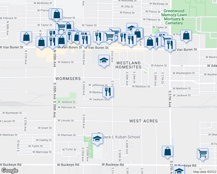 map of restaurants, bars, coffee shops, grocery stores, and more near 3112 West Jefferson Street in Phoenix