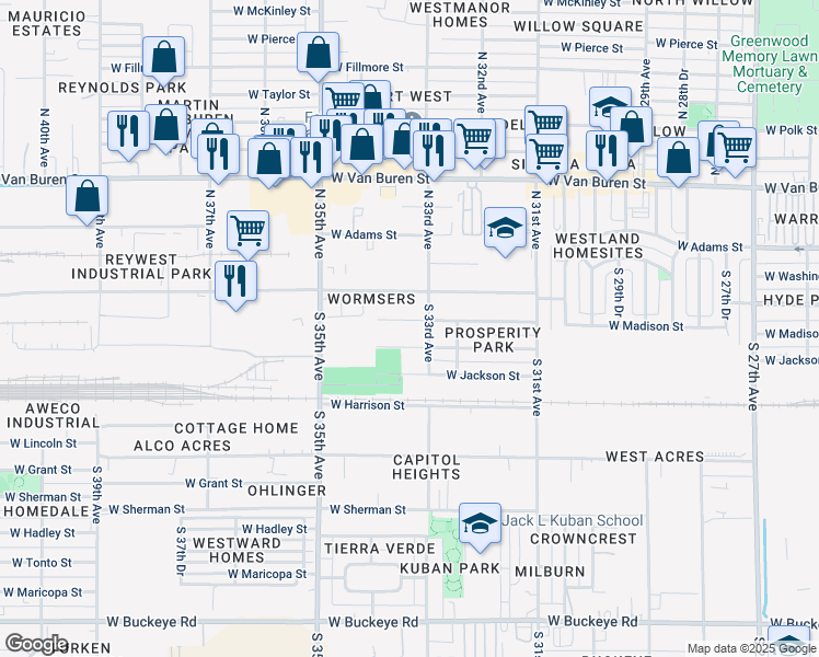 map of restaurants, bars, coffee shops, grocery stores, and more near 3316 West Jefferson Street in Phoenix