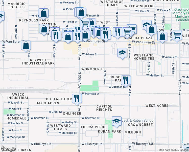 map of restaurants, bars, coffee shops, grocery stores, and more near 3350 West Jefferson Street in Phoenix