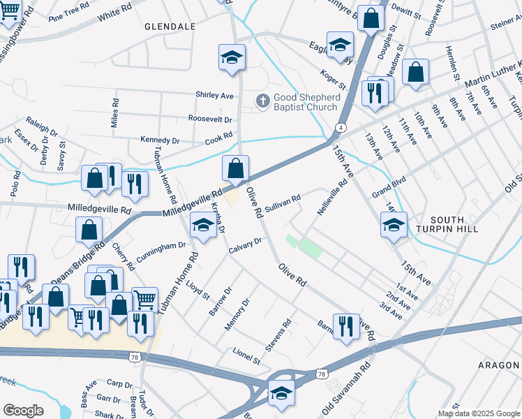 map of restaurants, bars, coffee shops, grocery stores, and more near 1912 Olive Road in Augusta