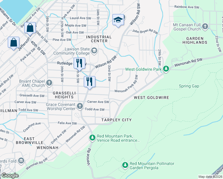 map of restaurants, bars, coffee shops, grocery stores, and more near 3056 Wenonah Park Place Southwest in Birmingham
