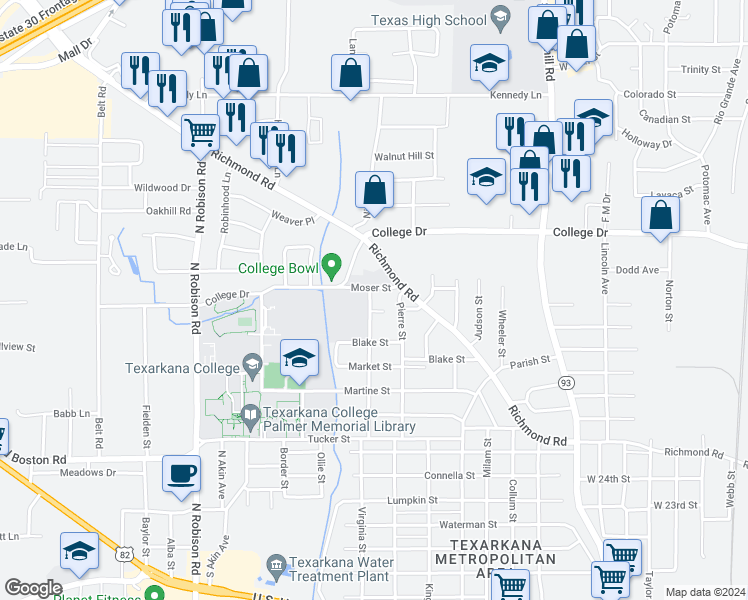 map of restaurants, bars, coffee shops, grocery stores, and more near 2303 Moser Street in Texarkana