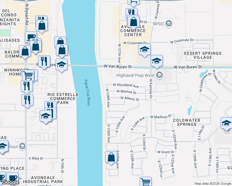 map of restaurants, bars, coffee shops, grocery stores, and more near 12550 West Monroe Street in Avondale