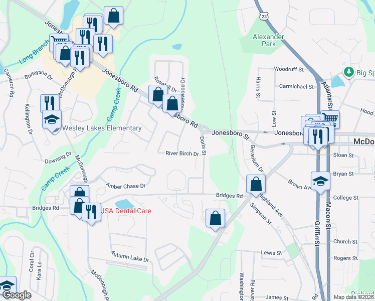 map of restaurants, bars, coffee shops, grocery stores, and more near 1119 Whisper Wind Drive in McDonough