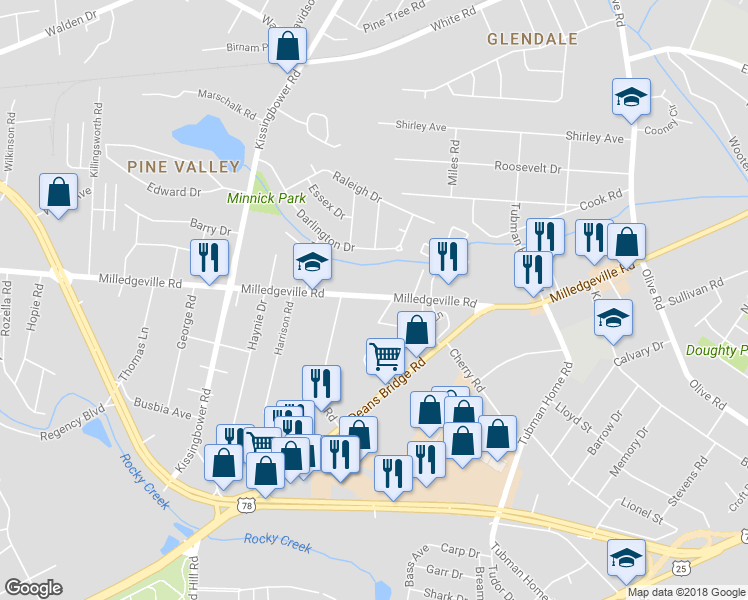 map of restaurants, bars, coffee shops, grocery stores, and more near 2542 Milledgeville Road in Augusta