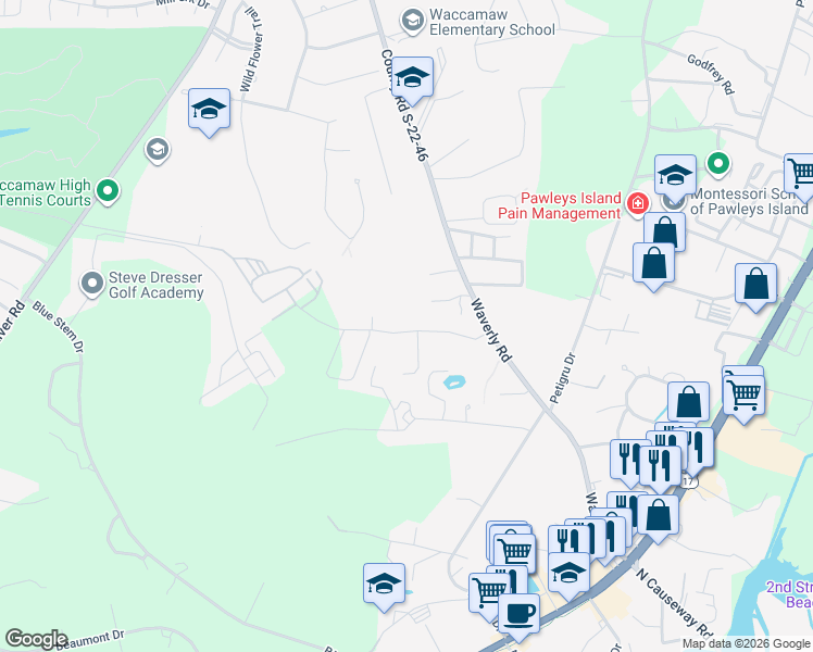 map of restaurants, bars, coffee shops, grocery stores, and more near 98 Atkinson Lane in Pawleys Island