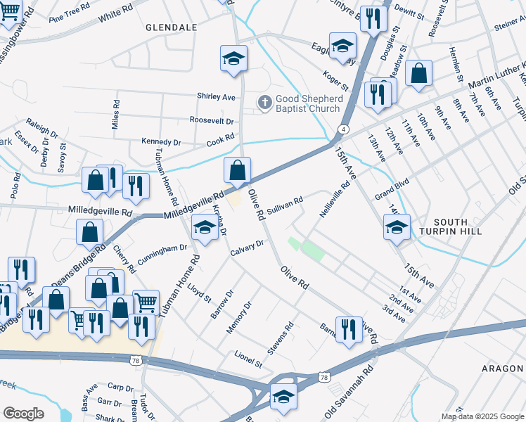 map of restaurants, bars, coffee shops, grocery stores, and more near 1912 Olive Road in Augusta