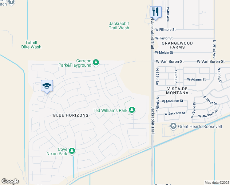 map of restaurants, bars, coffee shops, grocery stores, and more near 19717 West Jefferson Street in Buckeye