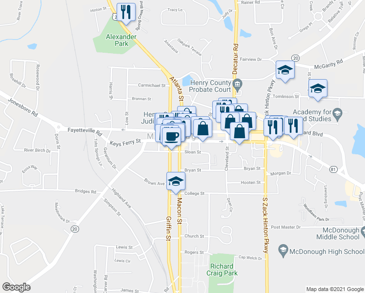 map of restaurants, bars, coffee shops, grocery stores, and more near 38 Macon Street in McDonough