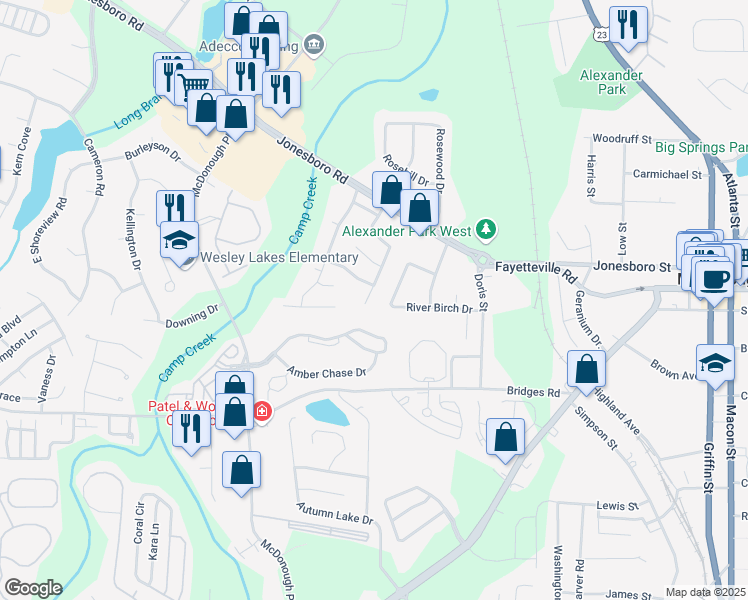 map of restaurants, bars, coffee shops, grocery stores, and more near 334 Fallview Drive in McDonough