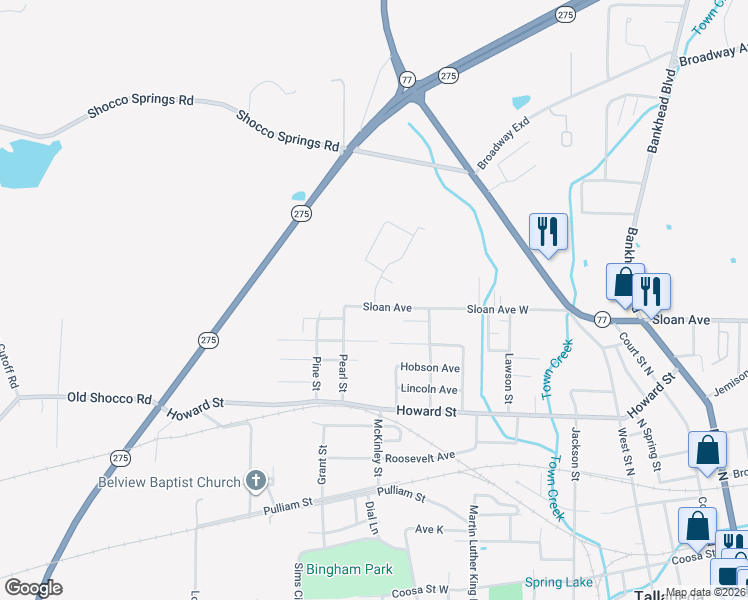 map of restaurants, bars, coffee shops, grocery stores, and more near 7 Westgate Apartments in Talladega