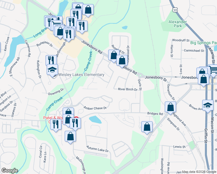 map of restaurants, bars, coffee shops, grocery stores, and more near 334 Fallview Drive in McDonough