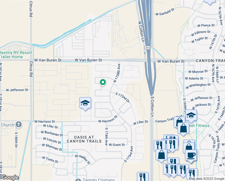 map of restaurants, bars, coffee shops, grocery stores, and more near 119 South 172nd Drive in Goodyear
