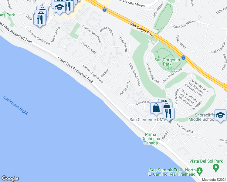 map of restaurants, bars, coffee shops, grocery stores, and more near 27521 Gable Street in Dana Point