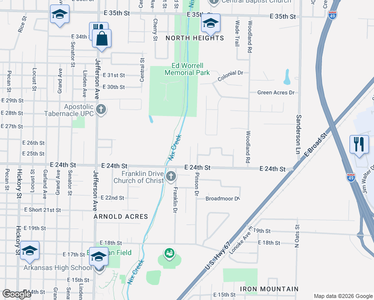 map of restaurants, bars, coffee shops, grocery stores, and more near 2400 Brookridge Drive in Texarkana