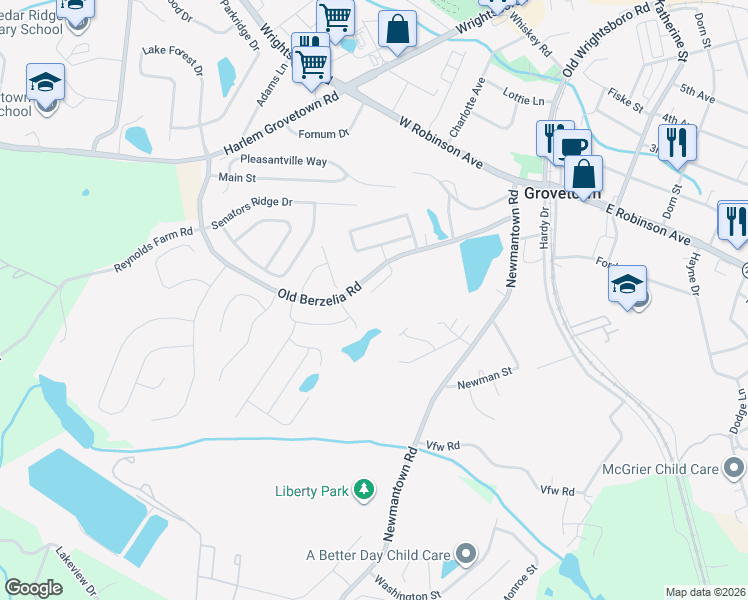 map of restaurants, bars, coffee shops, grocery stores, and more near 1125 Sierra Lane in Grovetown