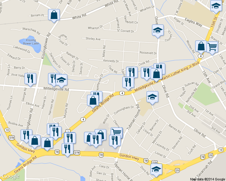 map of restaurants, bars, coffee shops, grocery stores, and more near 2423 Milledgeville Rd in Augusta