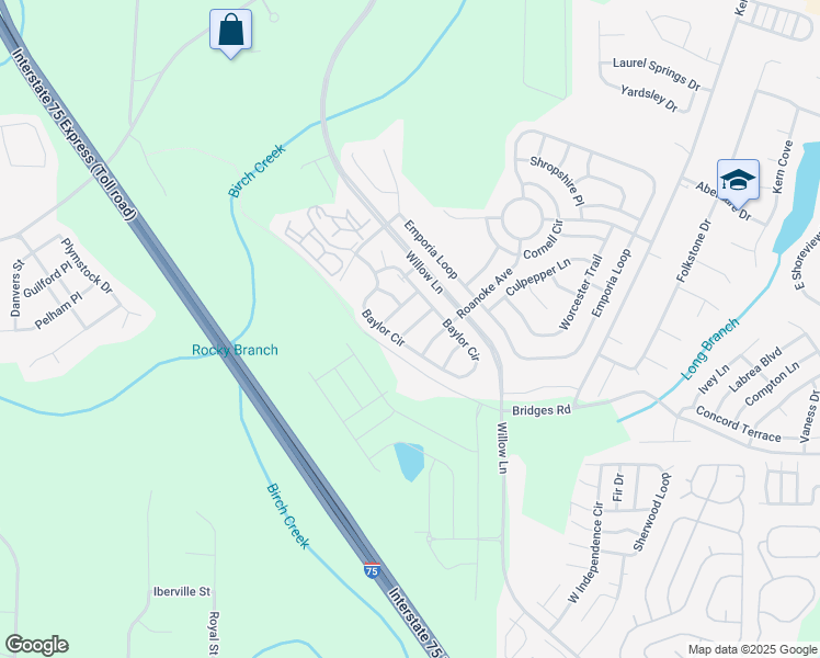 map of restaurants, bars, coffee shops, grocery stores, and more near Upland Drive in McDonough