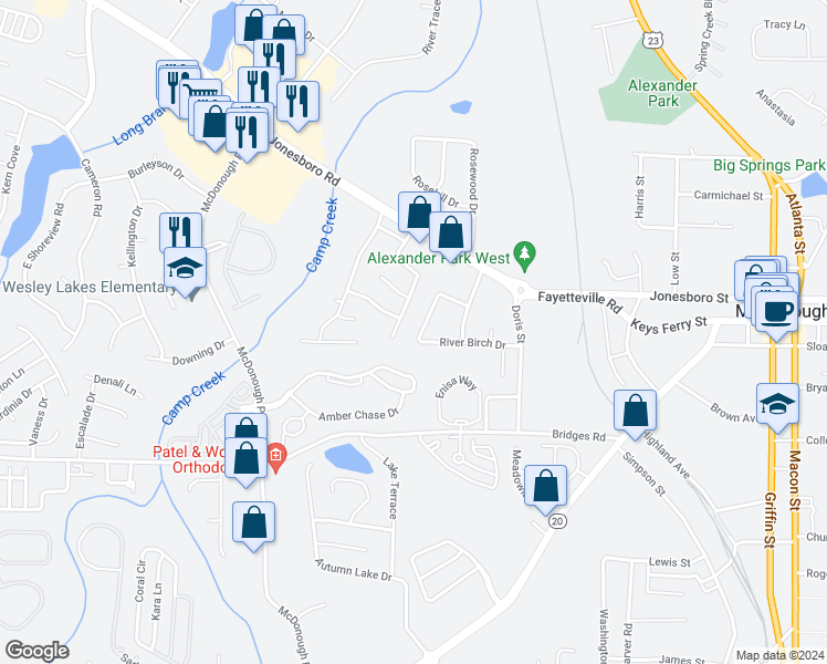 map of restaurants, bars, coffee shops, grocery stores, and more near 126 Taylor Knoll Way in McDonough