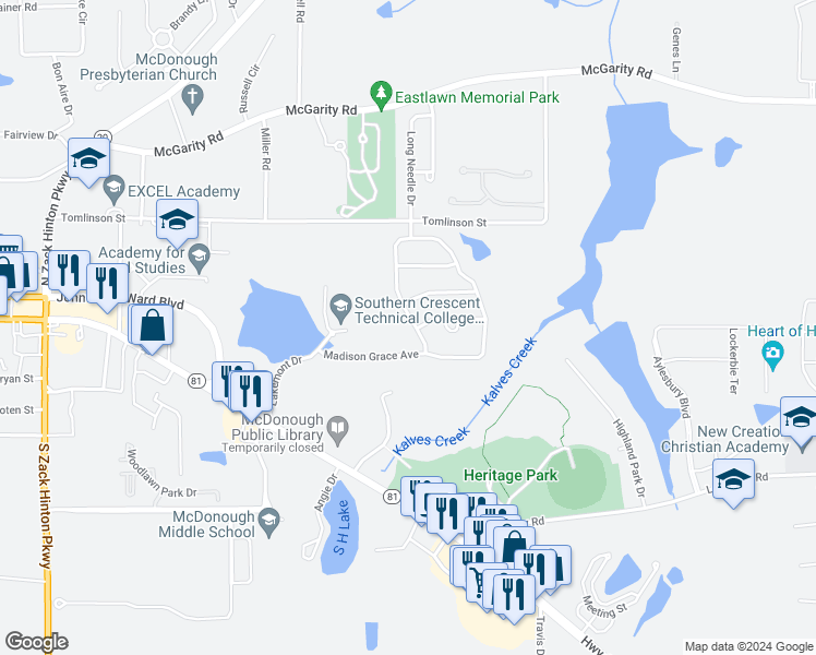 map of restaurants, bars, coffee shops, grocery stores, and more near 360 Madison Grace Avenue in McDonough