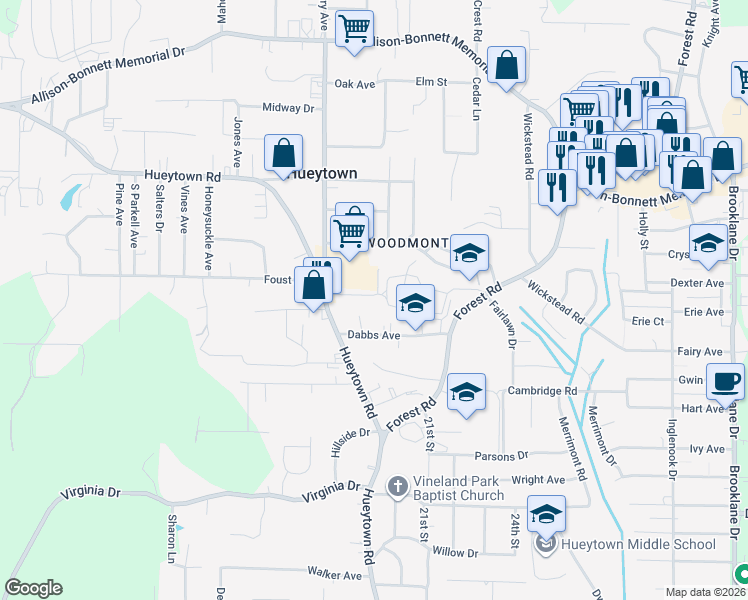 map of restaurants, bars, coffee shops, grocery stores, and more near 114 Ray Avenue in Hueytown