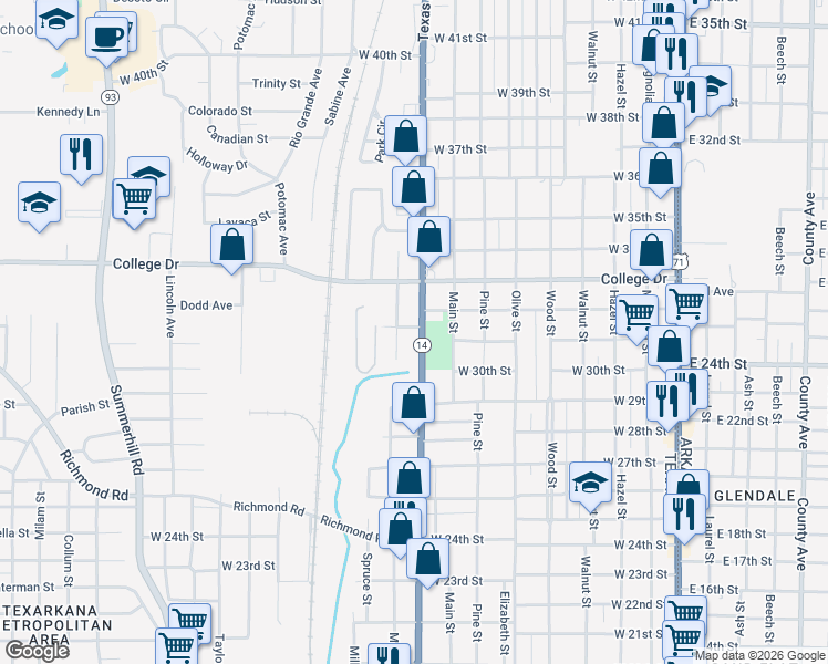 map of restaurants, bars, coffee shops, grocery stores, and more near 3100-3198 Texas Boulevard in Texarkana