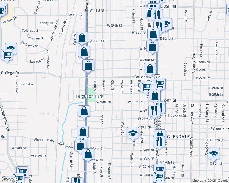 map of restaurants, bars, coffee shops, grocery stores, and more near 3125 Wood Street in Texarkana