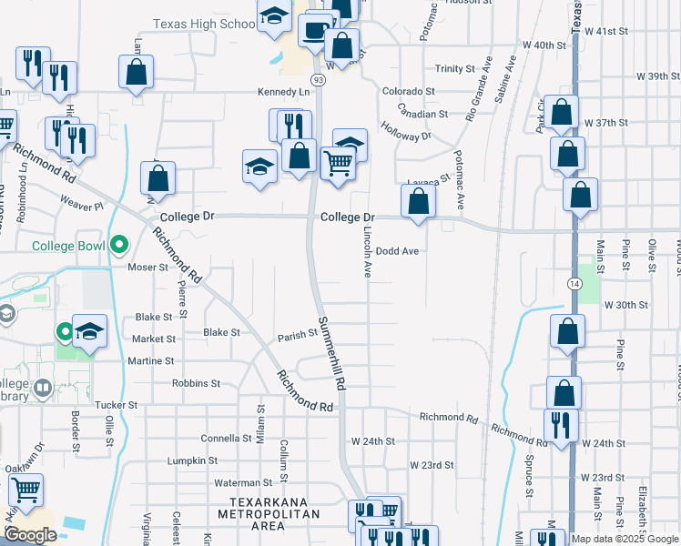 map of restaurants, bars, coffee shops, grocery stores, and more near 3201 Lincoln Avenue in Texarkana