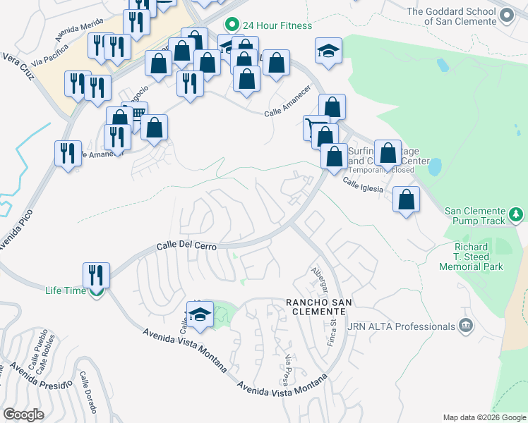 map of restaurants, bars, coffee shops, grocery stores, and more near 19 Calle Sol in San Clemente