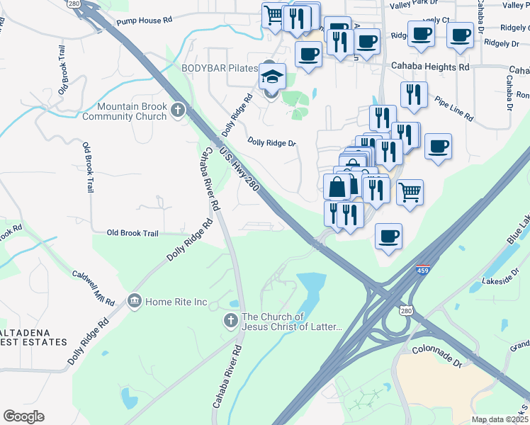 map of restaurants, bars, coffee shops, grocery stores, and more near 3149 Woodclift Circle in Birmingham