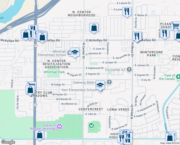 map of restaurants, bars, coffee shops, grocery stores, and more near 51 East Inglewood Street in Mesa
