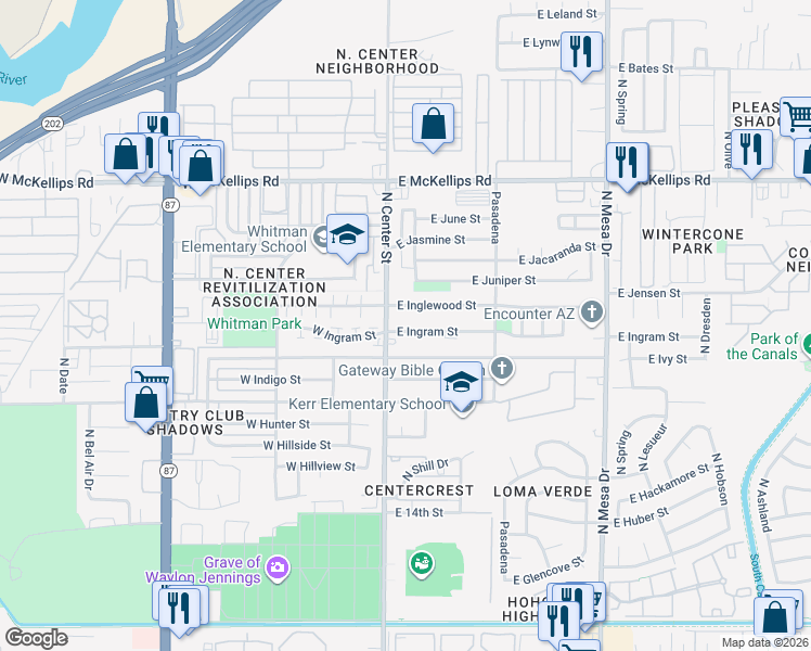 map of restaurants, bars, coffee shops, grocery stores, and more near 7 East Inglewood Street in Mesa