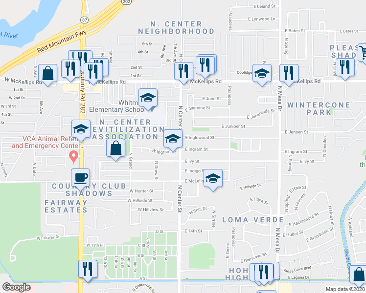 map of restaurants, bars, coffee shops, grocery stores, and more near 7 East Inglewood Street in Mesa