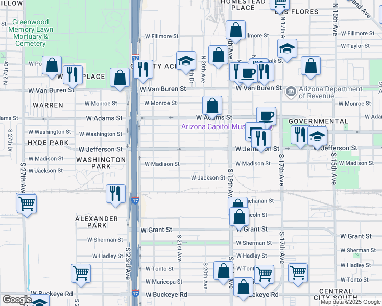 map of restaurants, bars, coffee shops, grocery stores, and more near 2046 West Jefferson Street in Phoenix