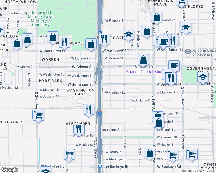 map of restaurants, bars, coffee shops, grocery stores, and more near 22 South 22nd Avenue in Phoenix