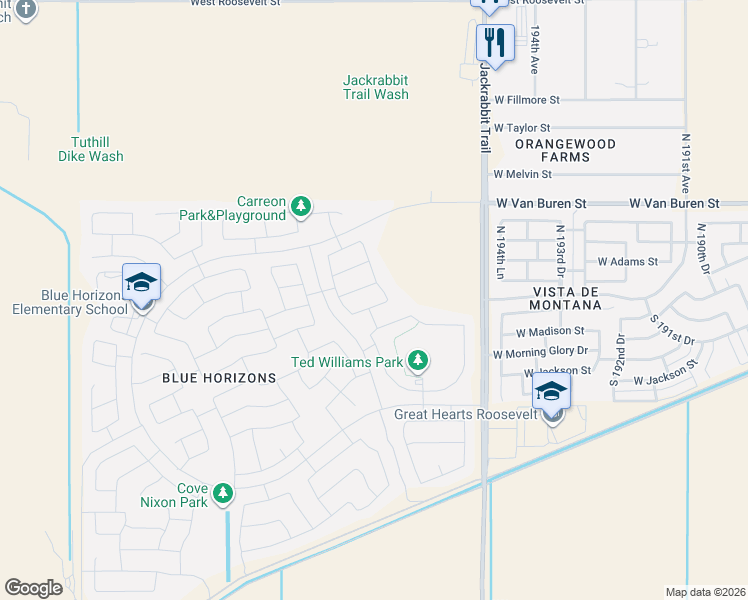 map of restaurants, bars, coffee shops, grocery stores, and more near 19717 West Jefferson Street in Buckeye
