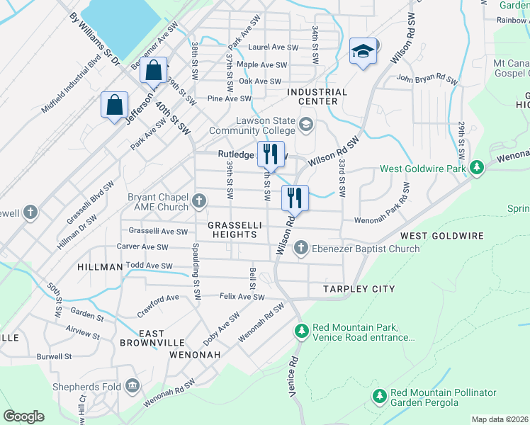 map of restaurants, bars, coffee shops, grocery stores, and more near 3708 Howard Avenue Southwest in Birmingham