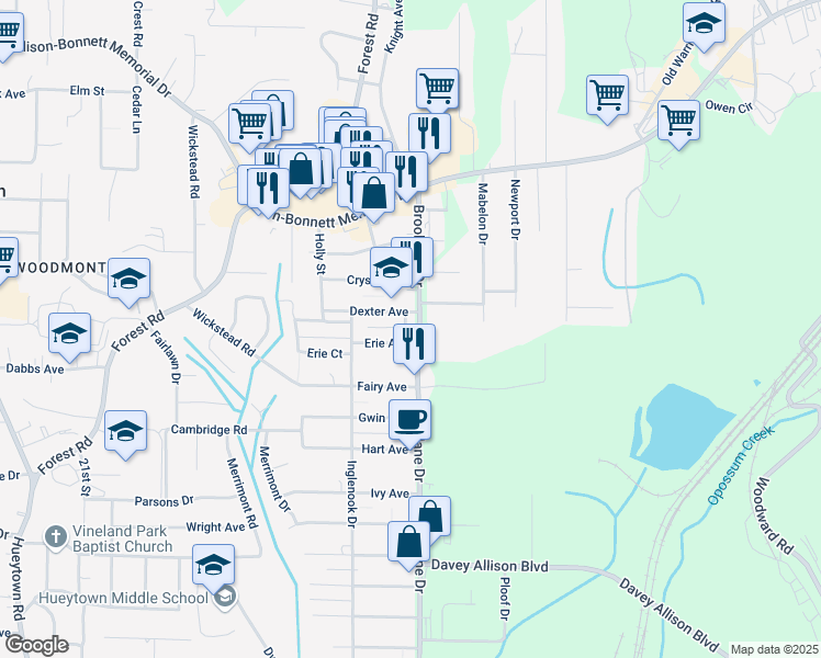map of restaurants, bars, coffee shops, grocery stores, and more near 161 Brooklane Drive in Bessemer