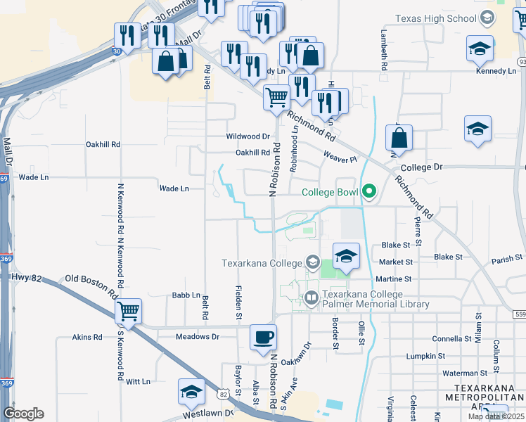 map of restaurants, bars, coffee shops, grocery stores, and more near 3214 Barkwood Street in Texarkana