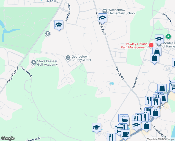 map of restaurants, bars, coffee shops, grocery stores, and more near 382 Clearwater Drive in Pawleys Island