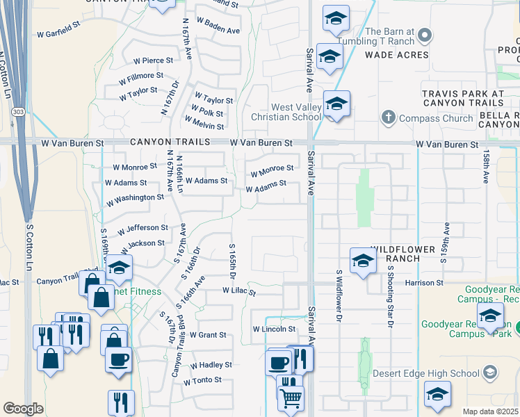map of restaurants, bars, coffee shops, grocery stores, and more near 16463 West Washington Street in Goodyear