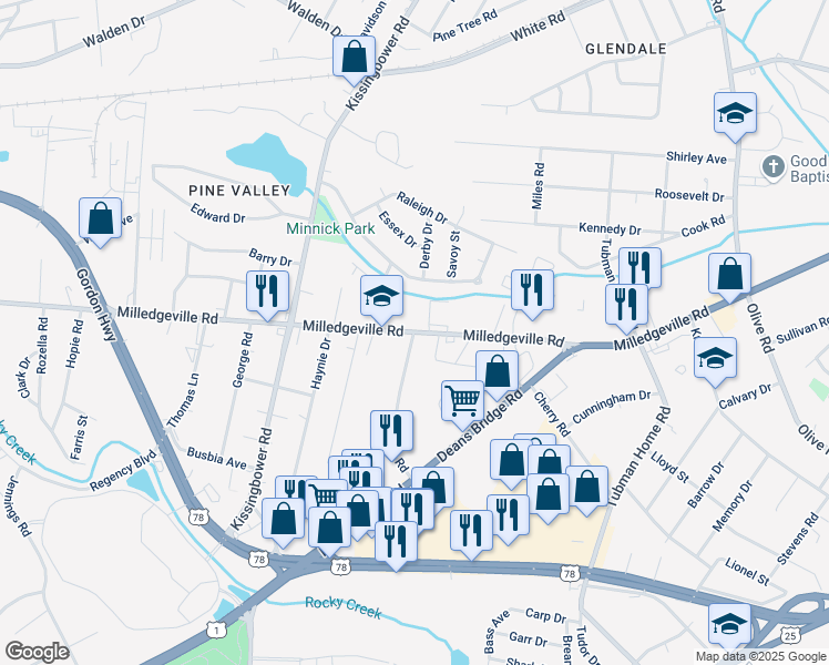 map of restaurants, bars, coffee shops, grocery stores, and more near 2561 Milledgeville Road in Augusta