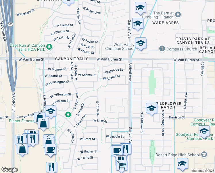 map of restaurants, bars, coffee shops, grocery stores, and more near 16463 West Washington Street in Goodyear