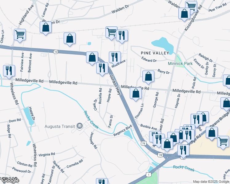 map of restaurants, bars, coffee shops, grocery stores, and more near 1800 Gordon Highway in Augusta
