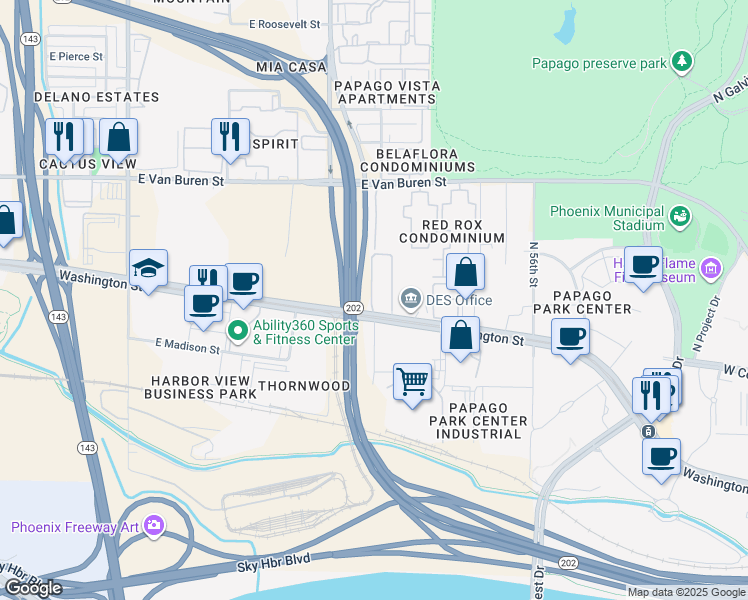 map of restaurants, bars, coffee shops, grocery stores, and more near 5310 Washington Street in Phoenix
