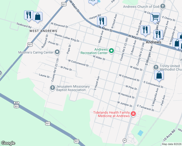 map of restaurants, bars, coffee shops, grocery stores, and more near 109 South Maple Avenue in Andrews