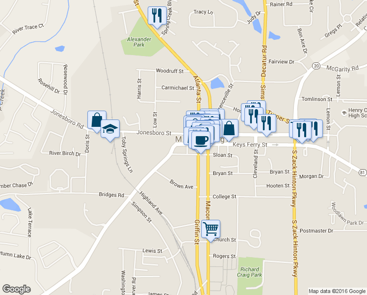 map of restaurants, bars, coffee shops, grocery stores, and more near 38 Hampton Street in McDonough