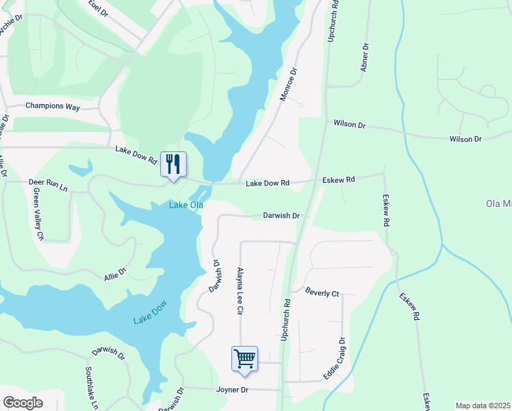 map of restaurants, bars, coffee shops, grocery stores, and more near 112 Darwish Drive in McDonough