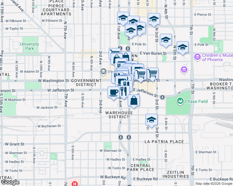 map of restaurants, bars, coffee shops, grocery stores, and more near 101 West Jefferson Street in Phoenix