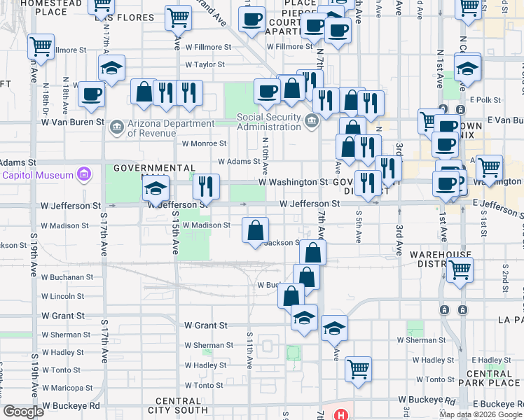 map of restaurants, bars, coffee shops, grocery stores, and more near 1001 West Jefferson Street in Phoenix